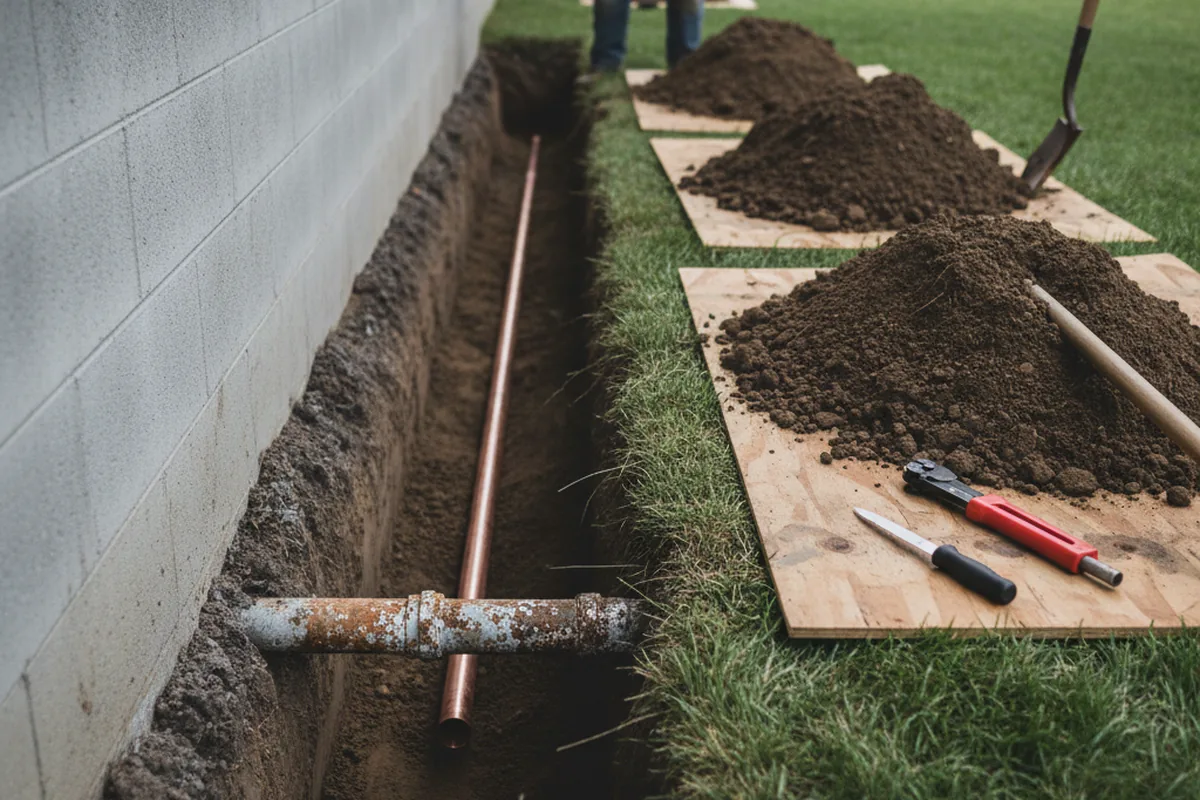 Excavated water line trench during Water Softener Installation in Santa Cruz